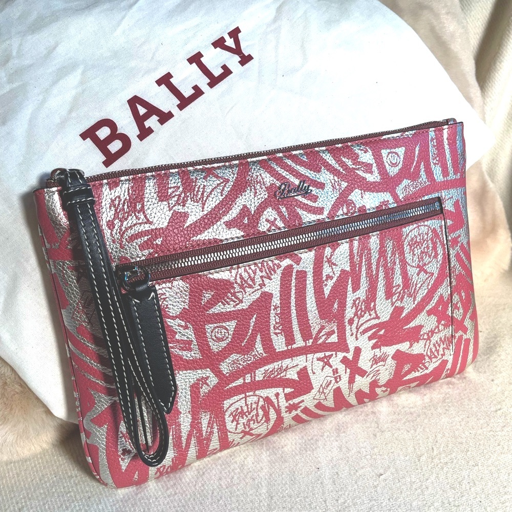 🎉HP! New! BALLY Rose & Silver Leather Graffiti Clutch w/ Dustbag & Cards